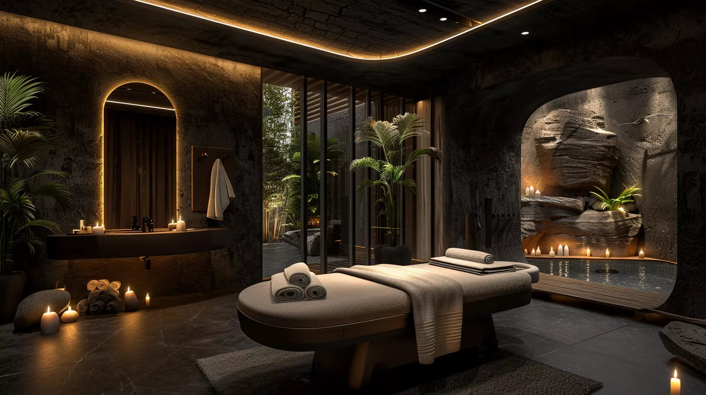 سبا فندقي بتفاصيل زِن شرقية، ألوان ترابية، وشموع تبعث على الهدوء والتوازن